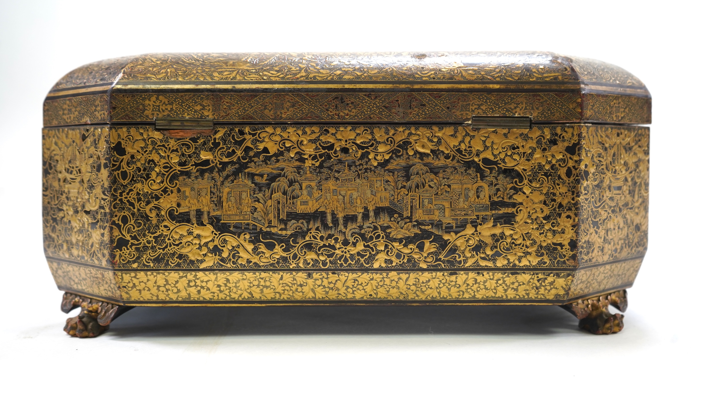 A Chinese export gilt decorated black lacquer sewing box, 19th century
